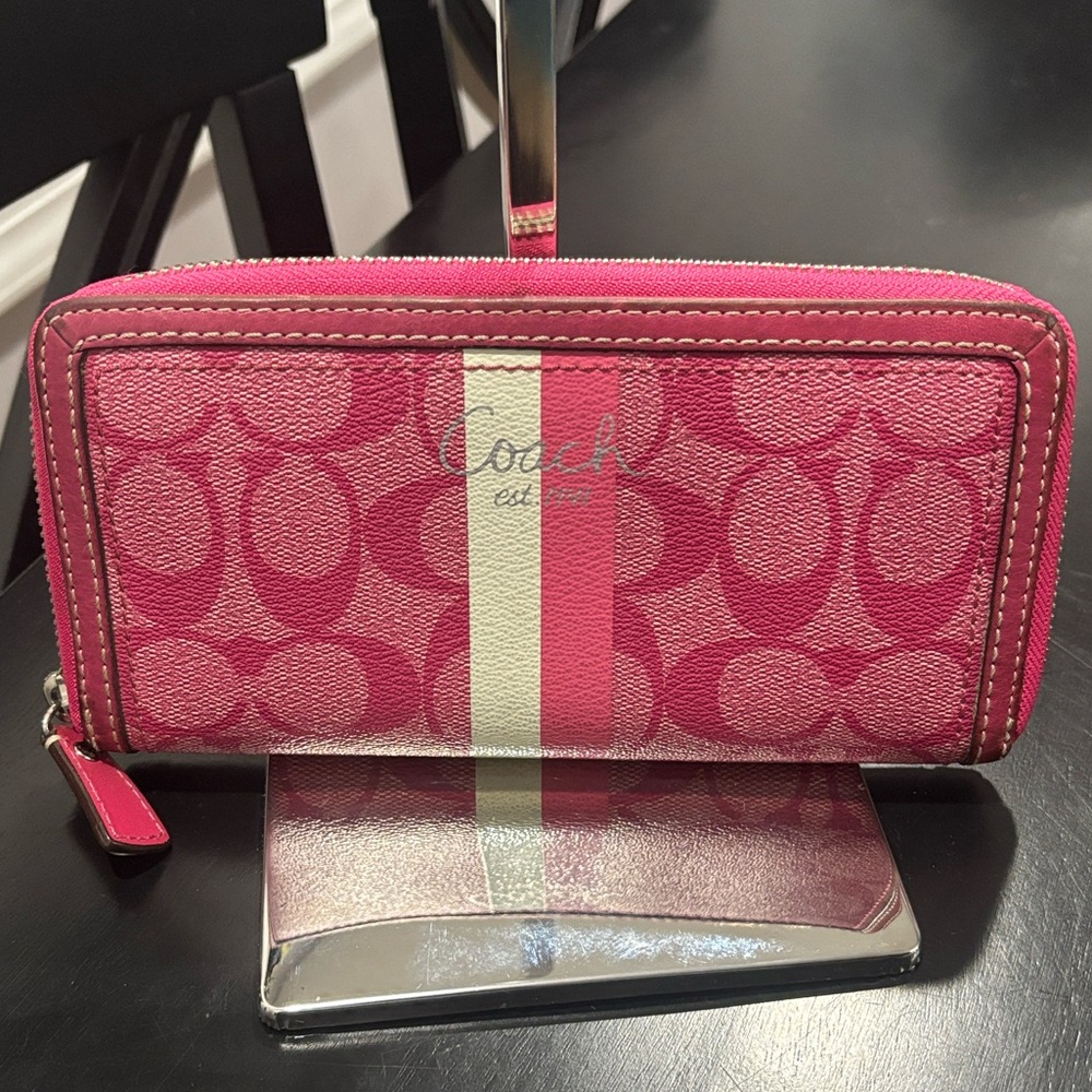 COACH Pink Signature Stripe Zip Around Wallet | Accordion Continental - Picture 2 of 14